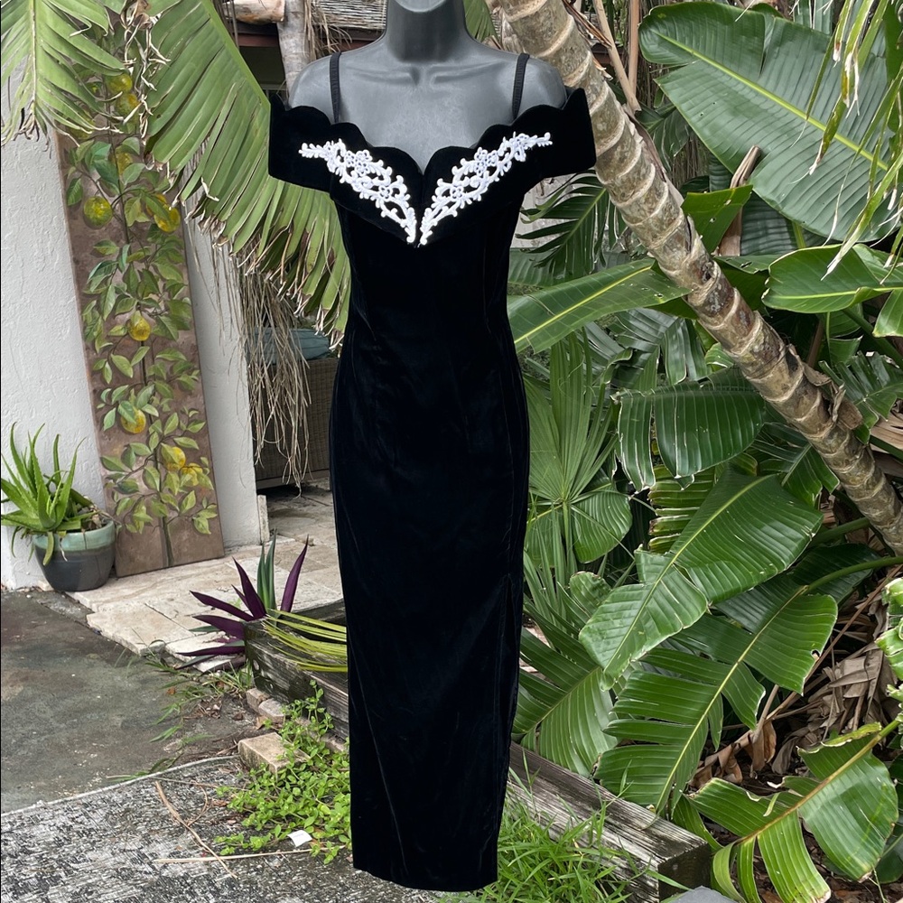 velvet and lace trim vintage 80s off shoulder dress with high front slit